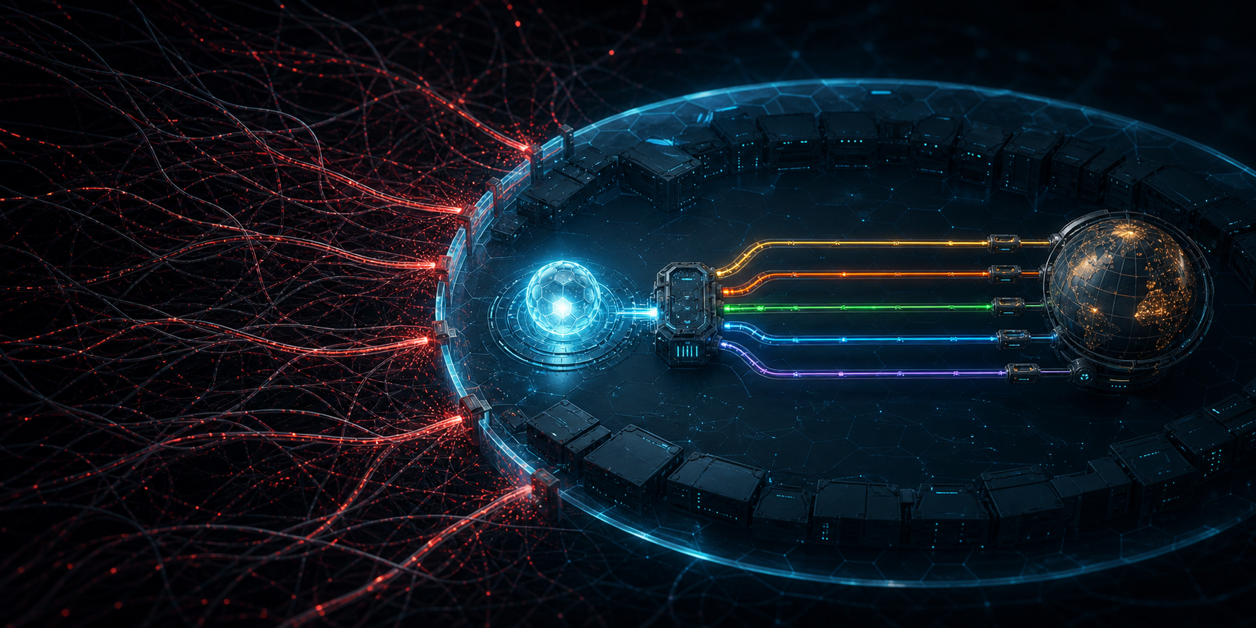 A glowing agent inside a Kubernetes-style boundary connected through five narrow capability channels to a news globe, while red network routes are blocked outside the boundary