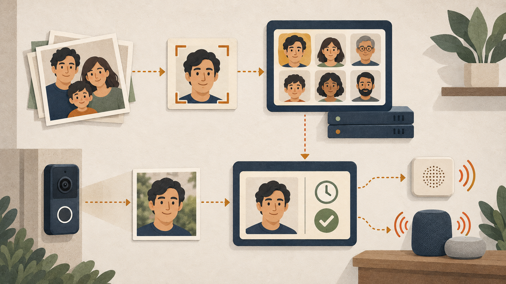 Matte illustration of photo enrollment and live doorbell recognition, with a cached face match triggering speaker announcements.