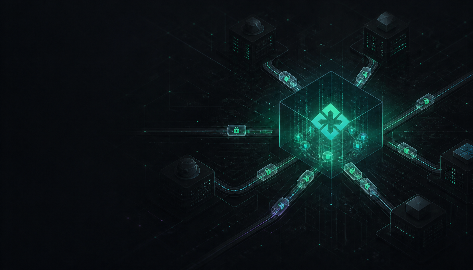 A central encrypted Matrix room receiving sealed notifications from a dark network of machine nodes