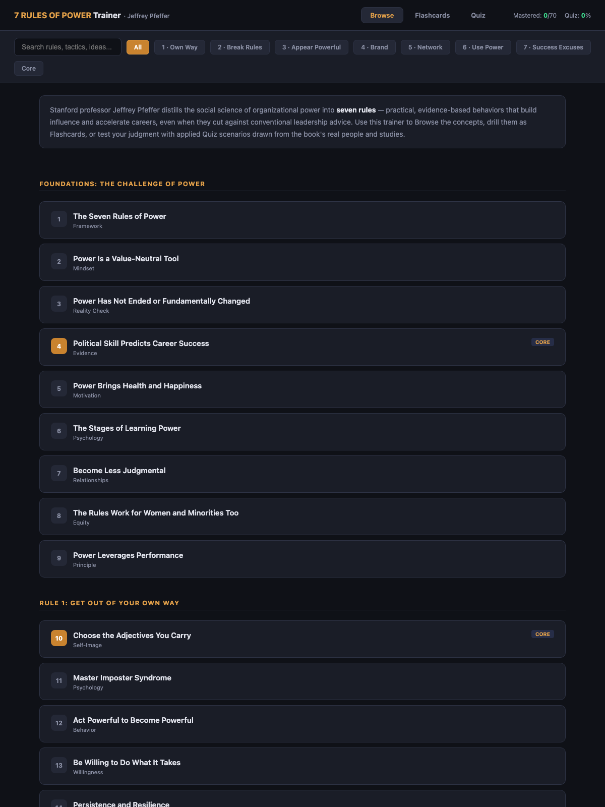 Browse mode for the 7 Rules of Power trainer