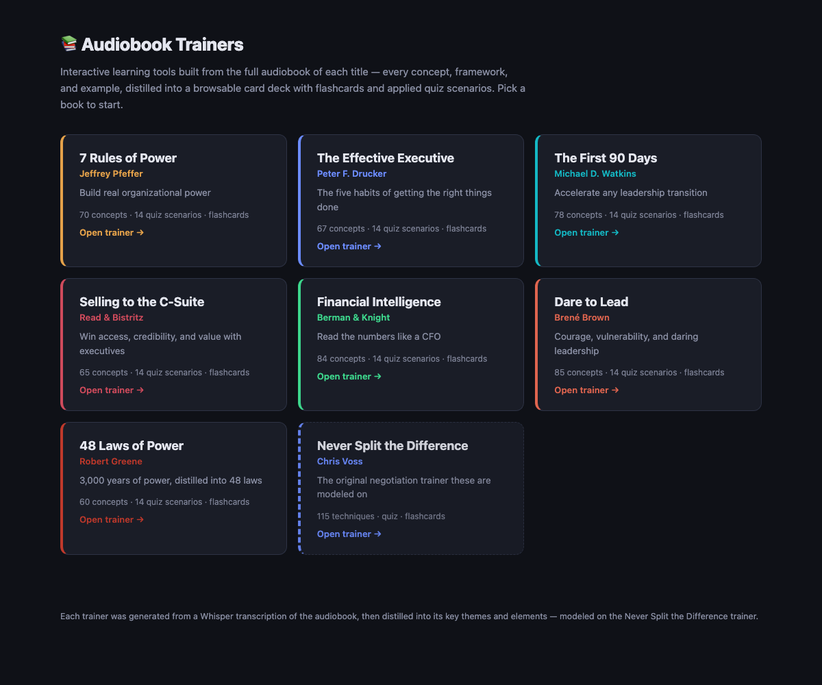 A dark card grid linking seven audiobook trainers