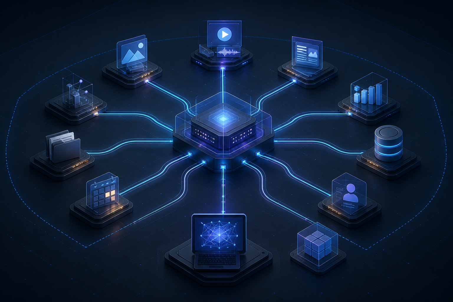 A central MCP gateway connecting an AI client to self-hosted application services